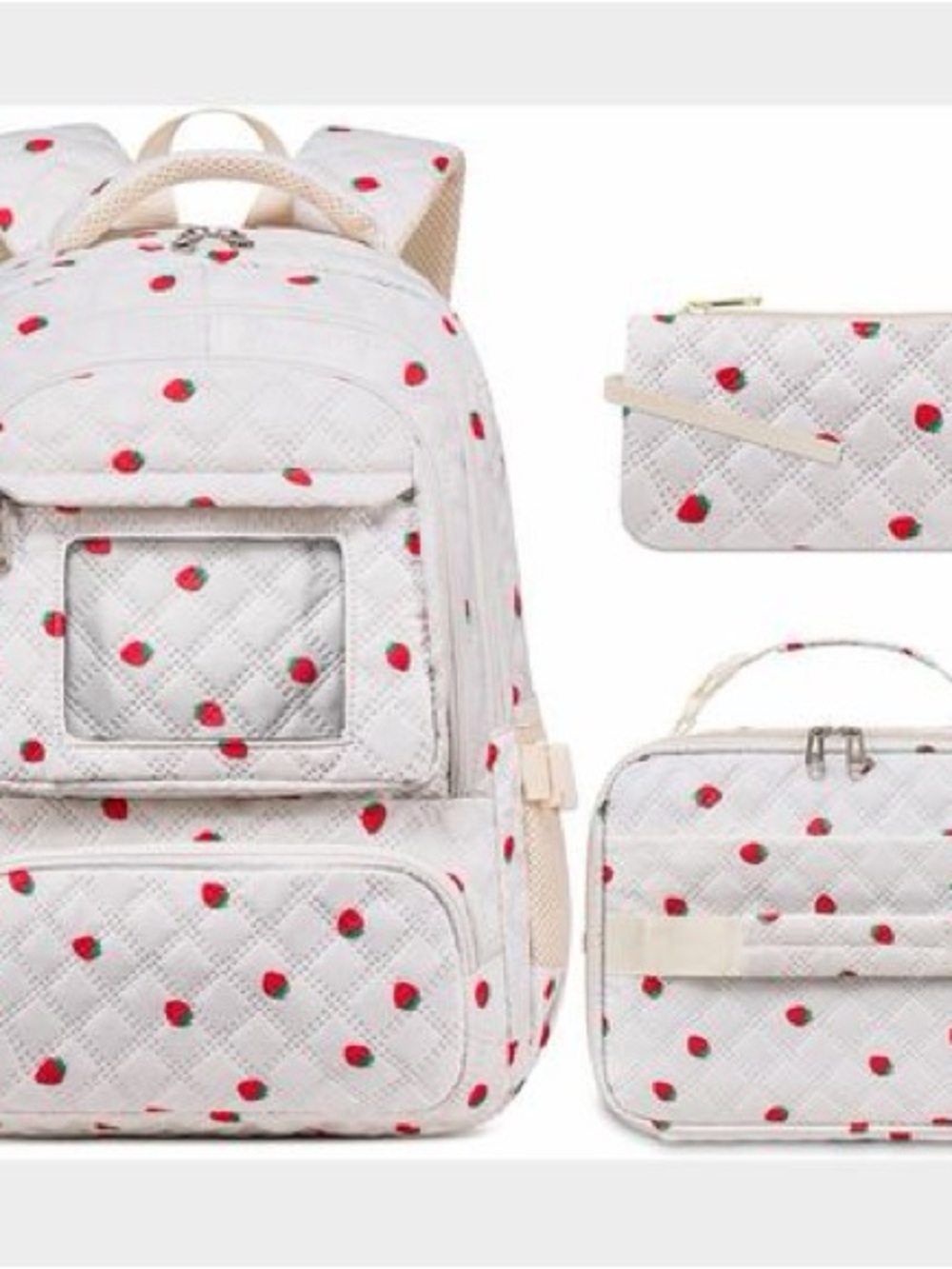 Kids Quilted Strawberry Print White Backpack Set